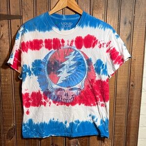 Liquid Blue Red and Blue Tie-Dye T-Shirt with Dead Head Graphic